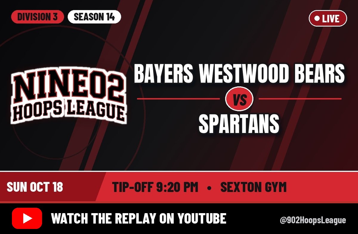 Bayers Westwood Bears vs Spartans stream thumbnail from the 902 Hoops League YouTube channel, Sun Oct 18. Watch the replay on YouTube.